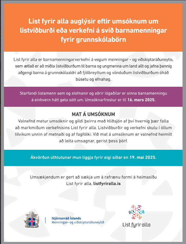 List fyrir alla auglýsir eftir umsóknum um listverkefni eða viðburði á sviði barnamenningar