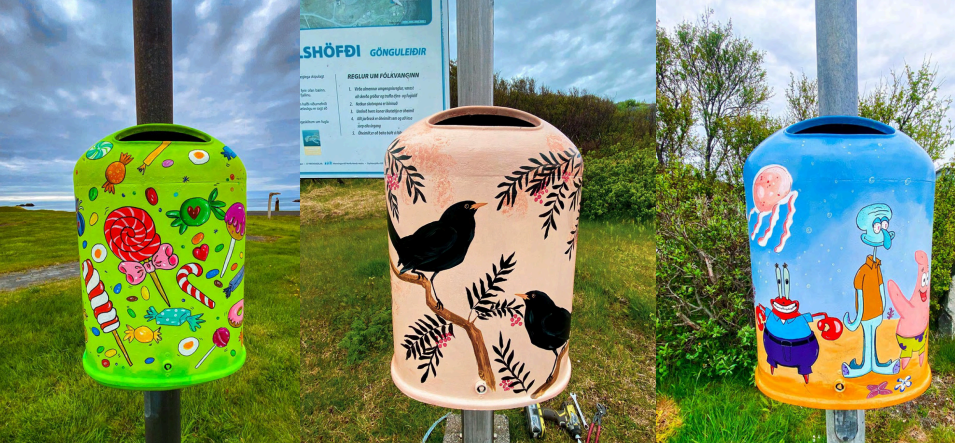 Stórglæsilegar ruslatunnur en listamennirnir eru þær Anna Marie Gruenberger, Arnrún Hildur Hrólfsdót…