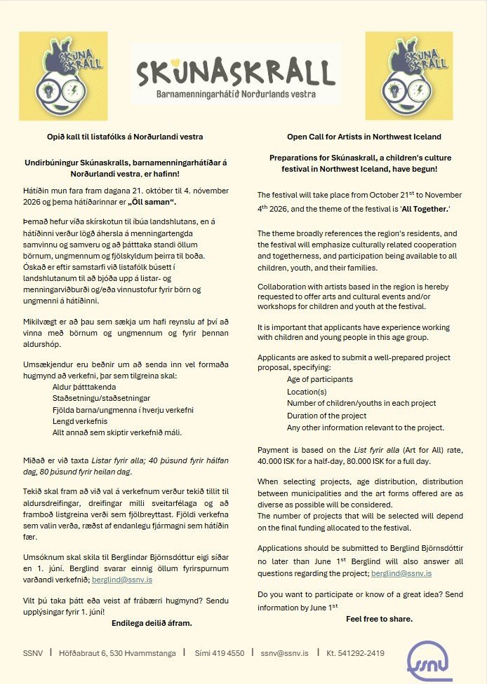 Opið kall til listafólks á Norðurlandi vestra - Open Call for Artists in Northwest Iceland